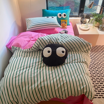 91家纺网 家纺一手货源 找家纺 （总）百寐 2023新款多巴胺混搭大眼毛巾绣全棉四件套纯棉条纹