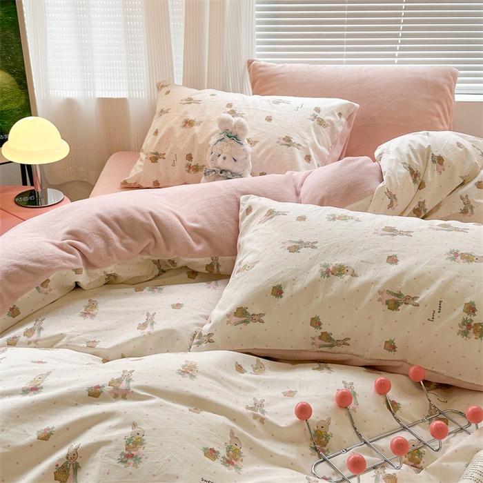 91家纺网 家纺一手货源 找家纺 昔可家纺 2023新款全棉加绒四件套 甜心篮子兔