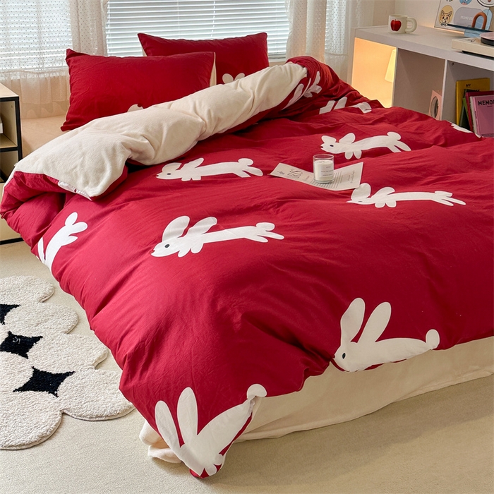 91家纺网 家纺一手货源 找家纺 昔可家纺 2023新款全棉加绒四件套 红兔子