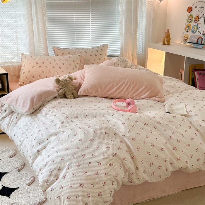 91家纺网 家纺一手货源 找家纺 昔可家纺 2023新款全棉加绒四件套 小椿芽