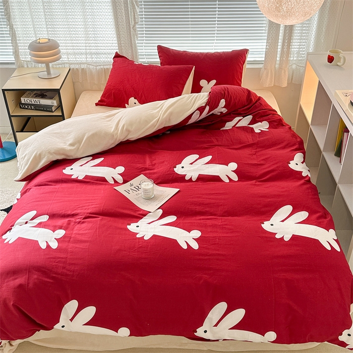 91家纺网 家纺一手货源 找家纺 昔可家纺 2023新款全棉加绒四件套 红兔子