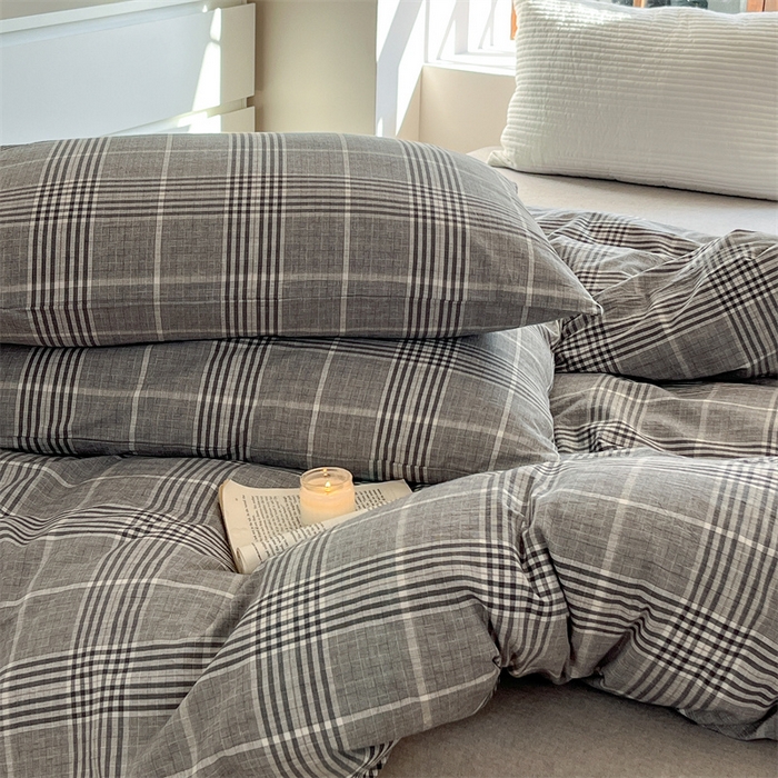 91家纺网 家纺一手货源 找家纺 北欧良品  2023新款色织水洗棉四件套 格纹灰