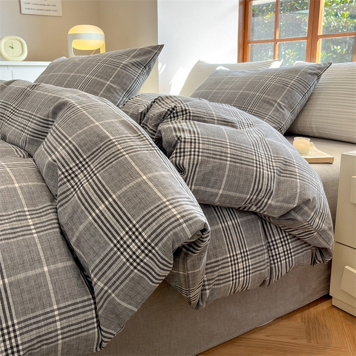 91家纺网 家纺一手货源 找家纺 北欧良品  2023新款色织水洗棉四件套 格纹灰