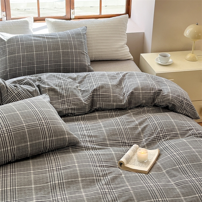 91家纺网 家纺一手货源 找家纺 北欧良品  2023新款色织水洗棉四件套 格纹灰