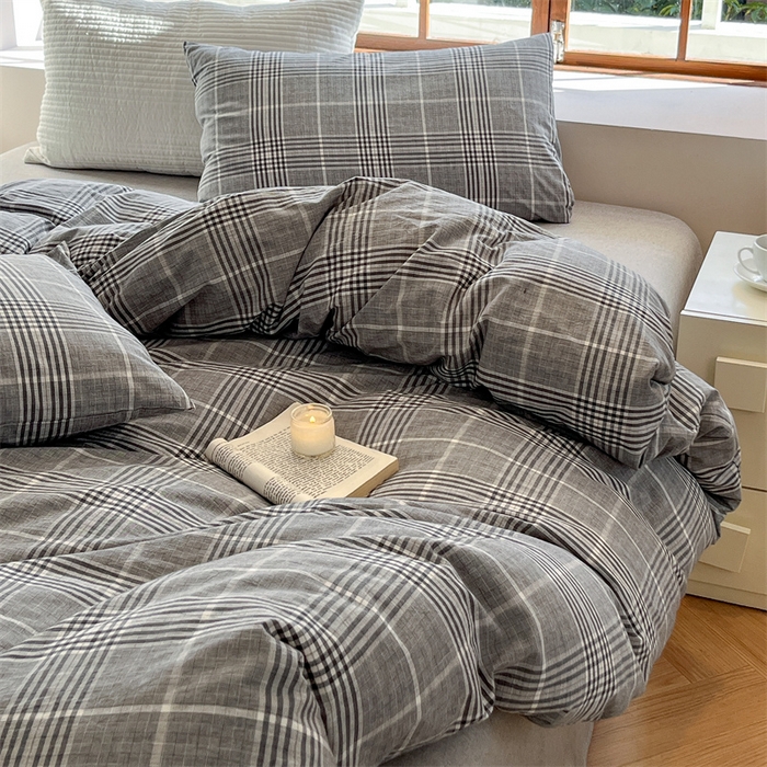 91家纺网 家纺一手货源 找家纺 北欧良品  2023新款色织水洗棉四件套 格纹灰