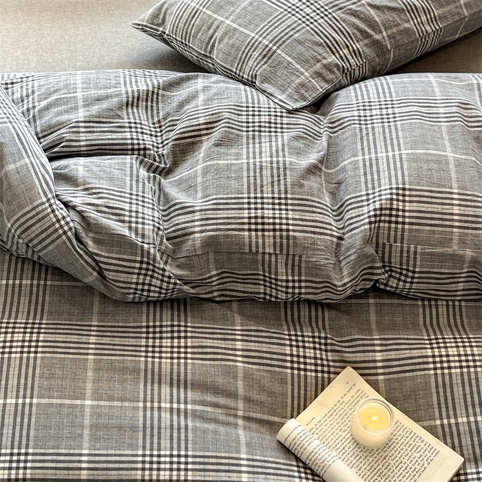 91家纺网 家纺一手货源 找家纺 北欧良品  2023新款色织水洗棉四件套 格纹灰