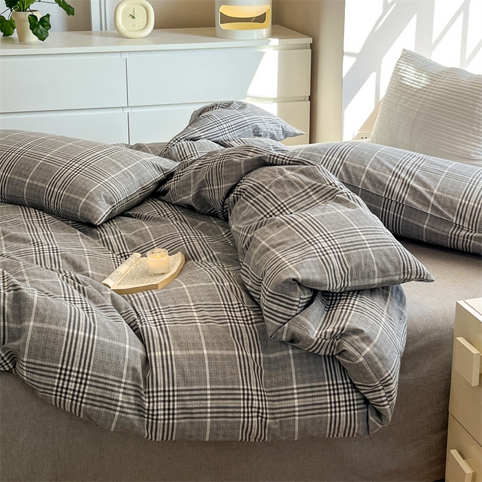 91家纺网 家纺一手货源 找家纺 北欧良品  2023新款色织水洗棉四件套 格纹灰