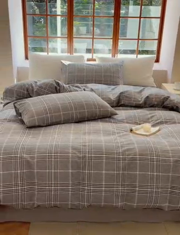 91家纺网 家纺一手货源 找家纺 北欧良品  2023新款色织水洗棉四件套 格纹灰