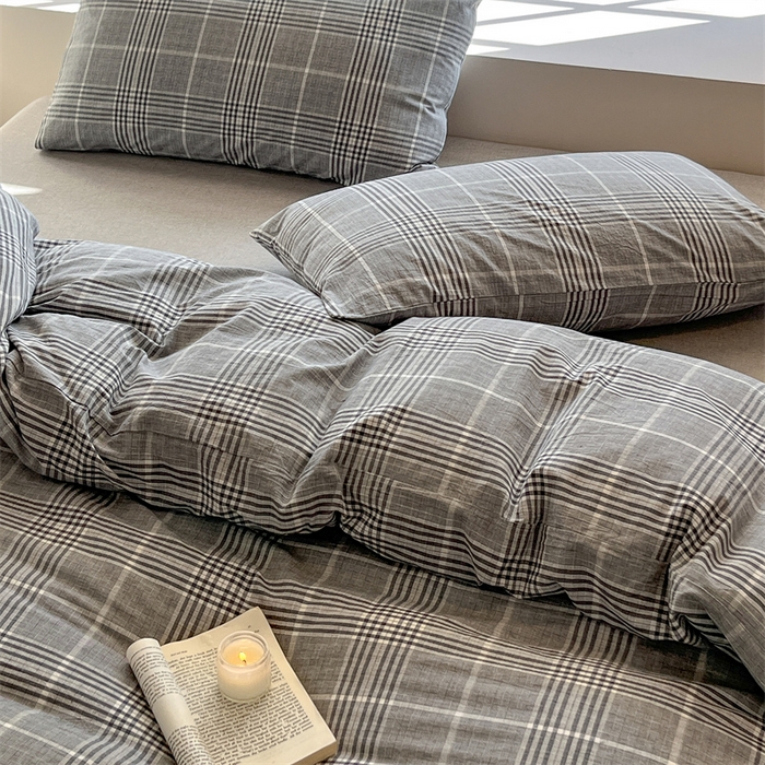 91家纺网 家纺一手货源 找家纺 北欧良品  2023新款色织水洗棉四件套 格纹灰