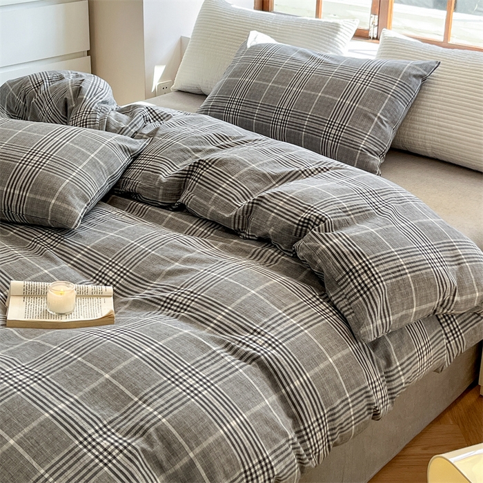 91家纺网 家纺一手货源 找家纺 北欧良品  2023新款色织水洗棉四件套 格纹灰