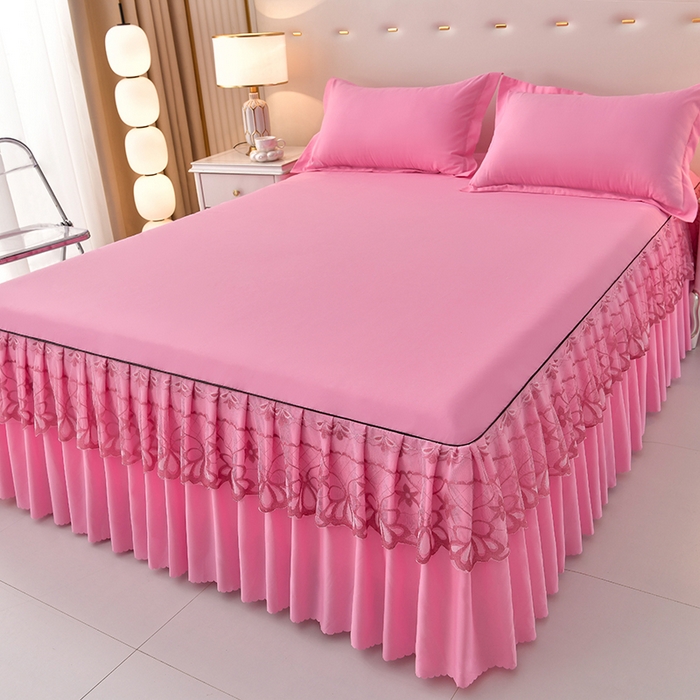 91家纺网 家纺一手货源 找家纺 艾裙海 2025跨境外贸新款纯色乐卡棉90克细丝磨毛蕾丝边床裙 粉红色