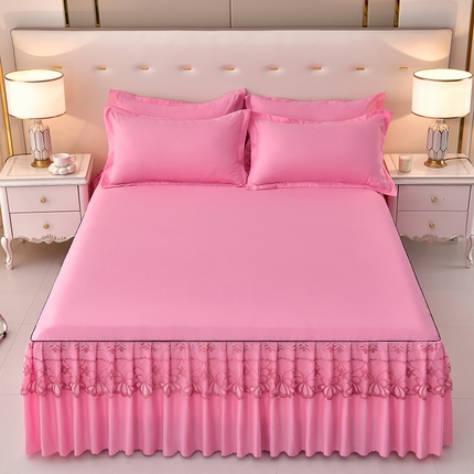 艾裙海 2023跨境新款纯色乐卡棉90克细丝磨毛蕾丝边床裙 粉红色