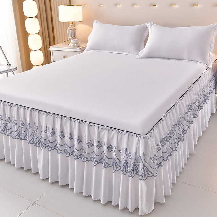 91家纺网 家纺一手货源 找家纺 艾裙海 2025跨境外贸新款纯色乐卡棉90克细丝磨毛蕾丝边床裙 米白色