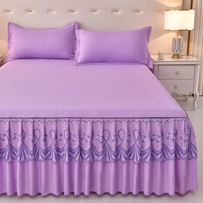 91家纺网 家纺一手货源 找家纺 艾裙海 2025跨境外贸新款纯色乐卡棉90克细丝磨毛蕾丝边床裙 紫色