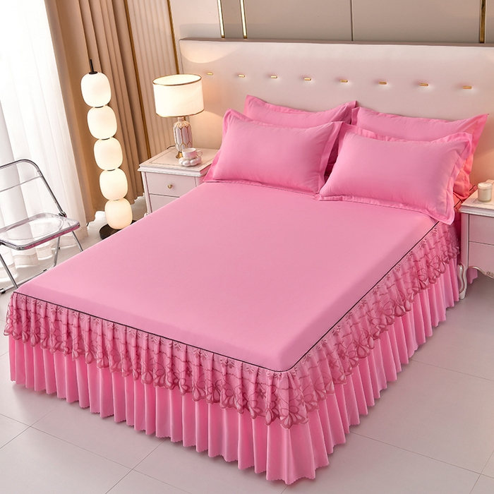 91家纺网 家纺一手货源 找家纺 艾裙海 2025跨境外贸新款纯色乐卡棉90克细丝磨毛蕾丝边床裙 粉红色