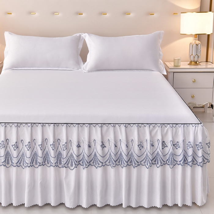 91家纺网 家纺一手货源 找家纺 艾裙海 2025跨境外贸新款纯色乐卡棉90克细丝磨毛蕾丝边床裙 米白色