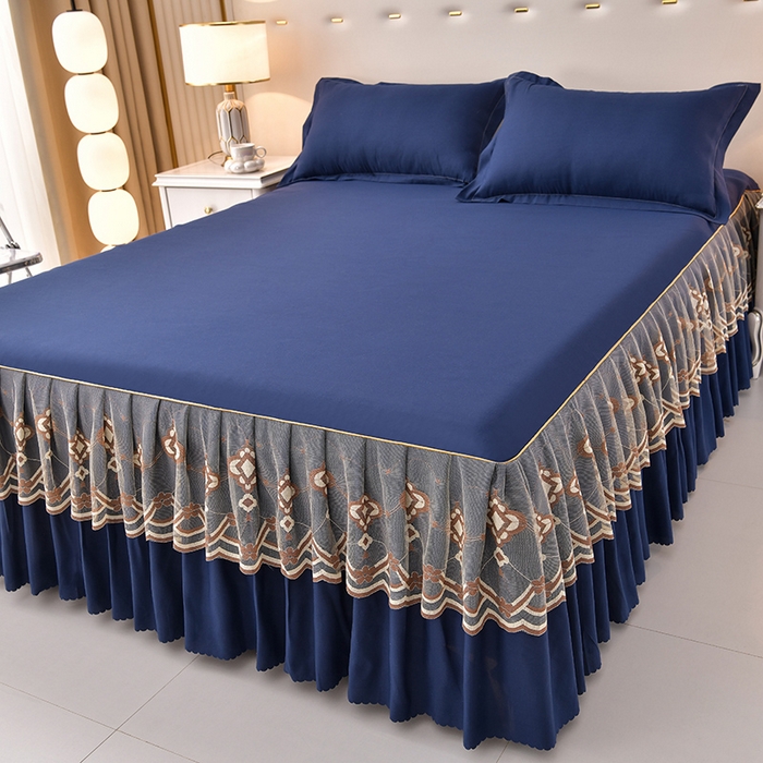 91家纺网 家纺一手货源 找家纺 艾裙海 2025跨境外贸新款纯色乐卡棉90克细丝磨毛蕾丝边床裙 藏青色