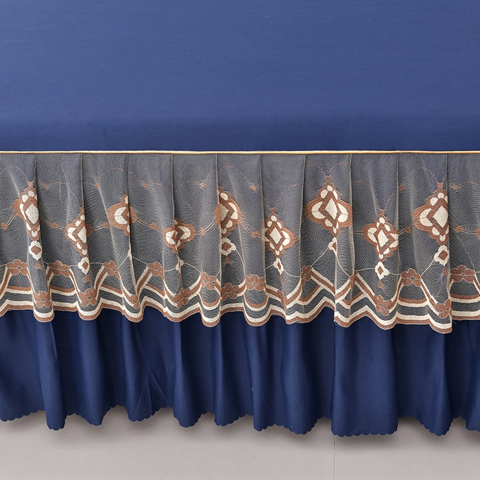 91家纺网 家纺一手货源 找家纺 艾裙海 2025跨境外贸新款纯色乐卡棉90克细丝磨毛蕾丝边床裙 藏青色