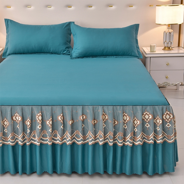 91家纺网 家纺一手货源 找家纺 （总）艾裙海 2025跨境外贸新款纯色乐卡棉90克细丝磨毛蕾丝边床裙