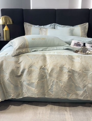 91家纺网 家纺一手货源 找家纺 涵宸家纺 2023新款原棉磨毛四件套-青叶 青叶-浅兰