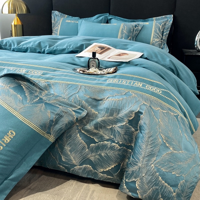 91家纺网 家纺一手货源 找家纺 涵宸家纺 2023新款原棉磨毛四件套-青叶 青叶-蓝