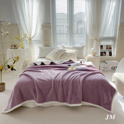 金米国际塔芙蓉AB版提花舒棉绒羊羔绒毛毯玫瑰绒复合毯子 紫色