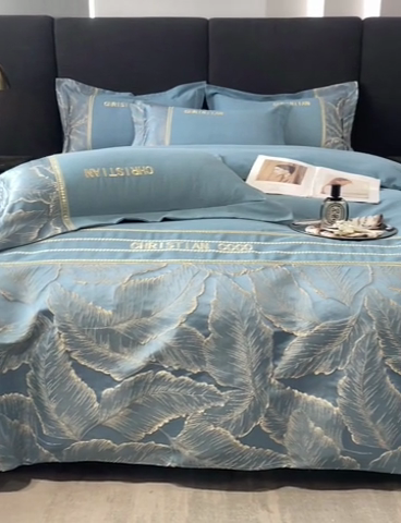 91家纺网 家纺一手货源 找家纺 涵宸家纺 2023新款原棉磨毛四件套-青叶 青叶-蓝