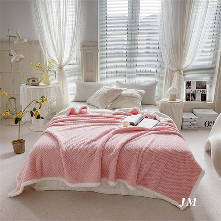 金米国际塔芙蓉AB版提花舒棉绒羊羔绒毛毯玫瑰绒复合毯子 粉色