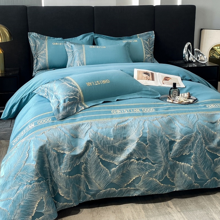 91家纺网 家纺一手货源 找家纺 涵宸家纺 2023新款原棉磨毛四件套-青叶 青叶-蓝