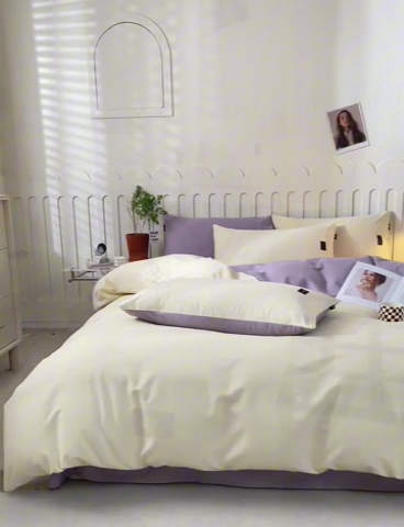 91家纺网 家纺一手货源 找家纺 涵宸家纺 棉磨毛-纯色织标-四件套（含单品） 奶昔白+烟紫