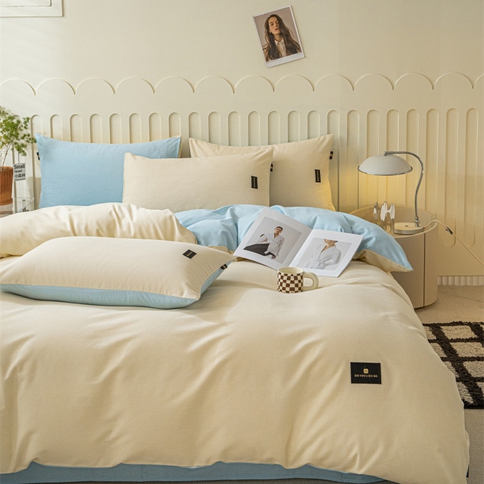 91家纺网 家纺一手货源 找家纺 涵宸家纺 棉磨毛-纯色织标-四件套（含单品） 奶昔白+浅兰