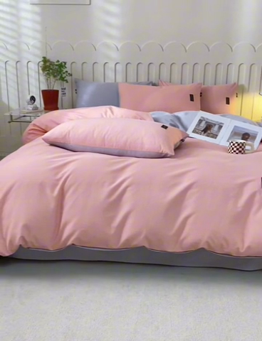 91家纺网 家纺一手货源 找家纺 涵宸家纺 棉磨毛-纯色织标-四件套（含单品） 粉+浅灰