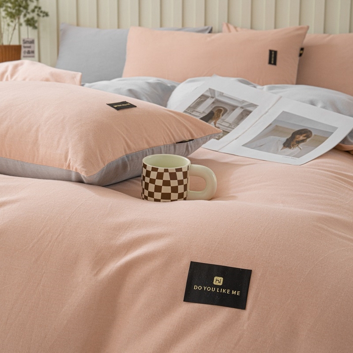 91家纺网 家纺一手货源 找家纺 涵宸家纺 棉磨毛-纯色织标-四件套（含单品） 粉+浅灰