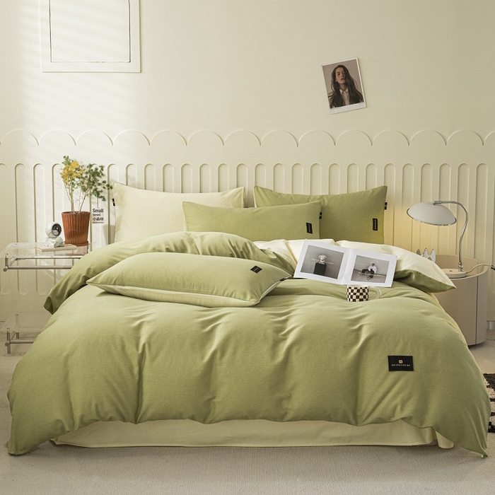 91家纺网 家纺一手货源 找家纺 涵宸家纺 棉磨毛-纯色织标-四件套（含单品） 草绿+奶昔白