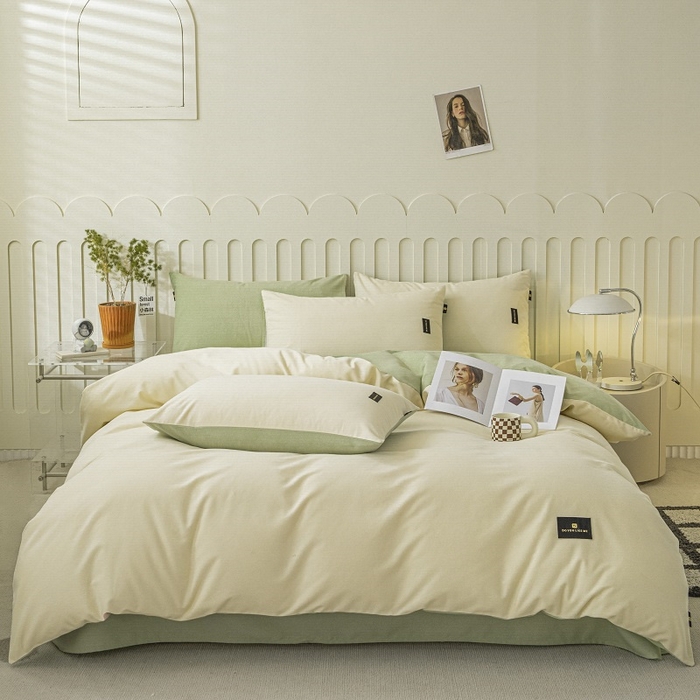 91家纺网 家纺一手货源 找家纺 涵宸家纺 棉磨毛-纯色织标-四件套（含单品） 奶昔白+豆绿