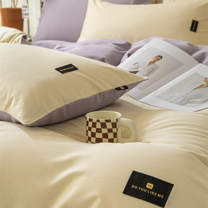 91家纺网 家纺一手货源 找家纺 涵宸家纺 棉磨毛-纯色织标-四件套（含单品） 奶昔白+烟紫