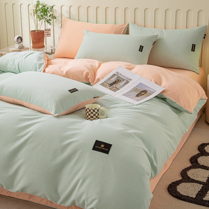 91家纺网 家纺一手货源 找家纺 涵宸家纺 棉磨毛-纯色织标-四件套（含单品） 浅绿+粉