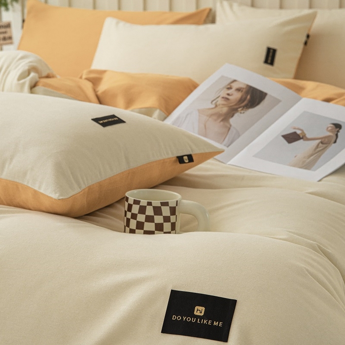 91家纺网 家纺一手货源 找家纺 涵宸家纺 棉磨毛-纯色织标-四件套（含单品） 奶昔白+桔