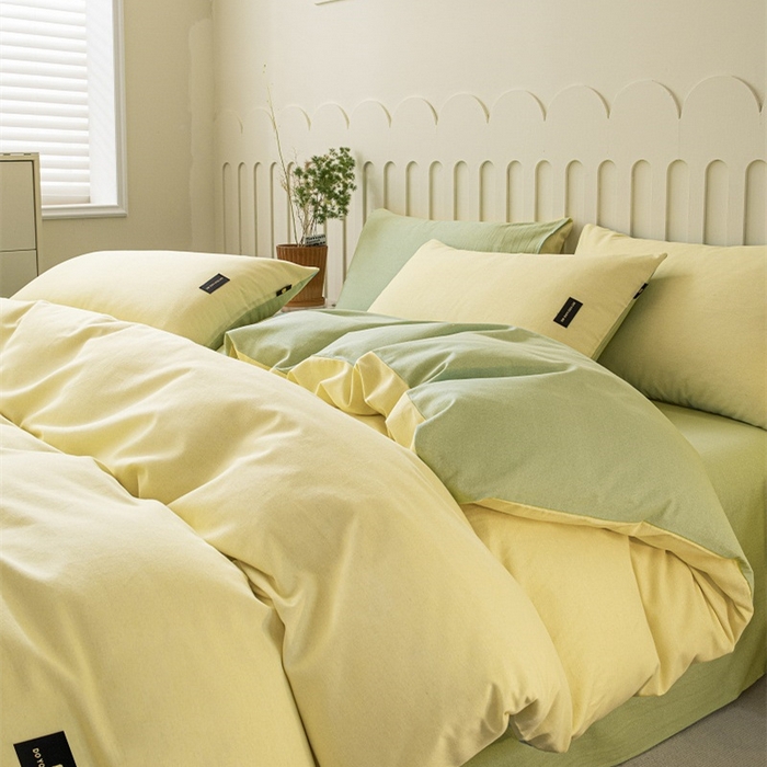 91家纺网 家纺一手货源 找家纺 涵宸家纺 棉磨毛-纯色织标-四件套（含单品） 奶黄+豆绿