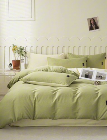 91家纺网 家纺一手货源 找家纺 涵宸家纺 棉磨毛-纯色织标-四件套（含单品） 草绿+奶昔白