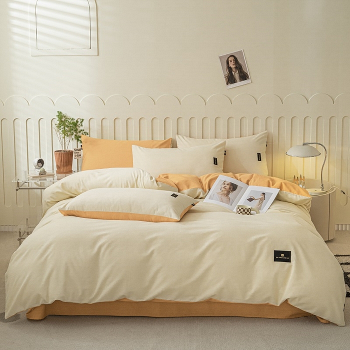 91家纺网 家纺一手货源 找家纺 涵宸家纺 棉磨毛-纯色织标-四件套（含单品） 奶昔白+桔