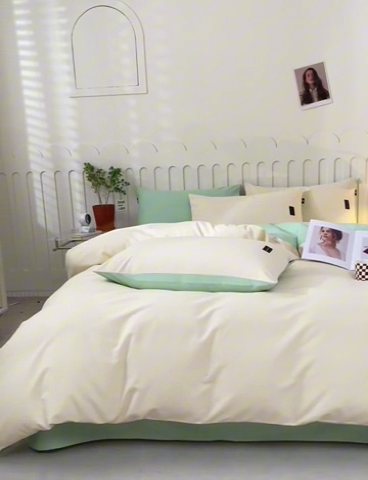 91家纺网 家纺一手货源 找家纺 涵宸家纺 棉磨毛-纯色织标-四件套（含单品） 奶昔白+豆绿