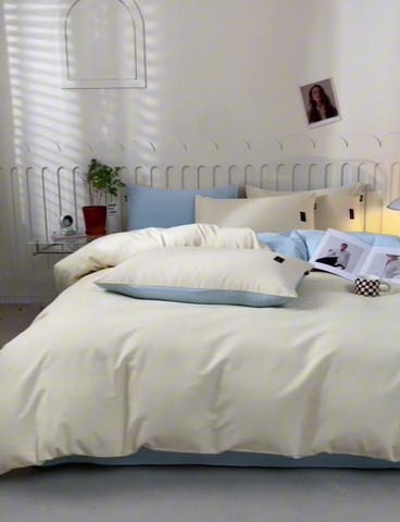 91家纺网 家纺一手货源 找家纺 涵宸家纺 棉磨毛-纯色织标-四件套（含单品） 奶昔白+浅兰