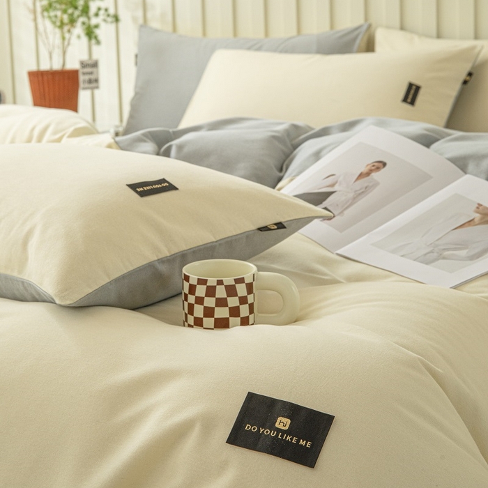 91家纺网 家纺一手货源 找家纺 涵宸家纺 棉磨毛-纯色织标-四件套（含单品） 奶昔白+浅灰