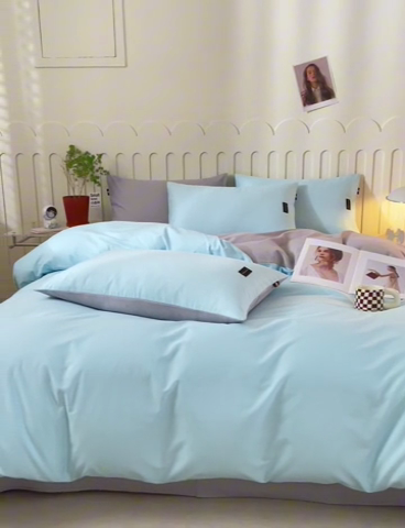 91家纺网 家纺一手货源 找家纺 涵宸家纺 棉磨毛-纯色织标-四件套（含单品） 兰+浅灰