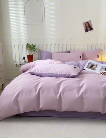 91家纺网 家纺一手货源 找家纺 涵宸家纺 棉磨毛-纯色织标-四件套（含单品） 浅紫+烟紫