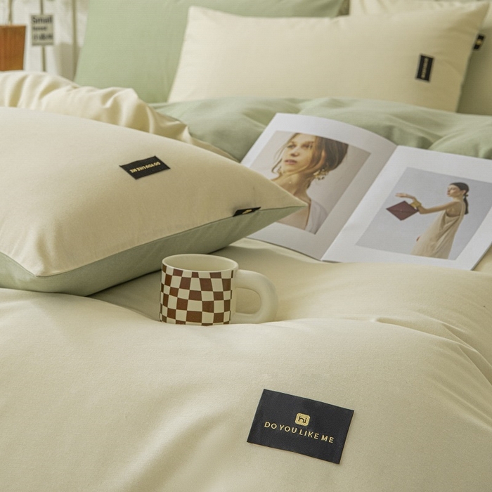 91家纺网 家纺一手货源 找家纺 涵宸家纺 棉磨毛-纯色织标-四件套（含单品） 奶昔白+豆绿