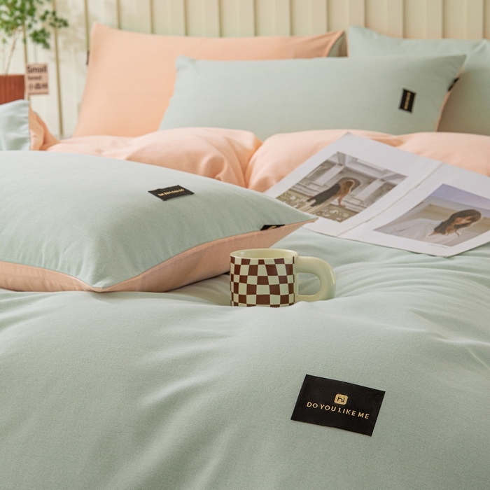 91家纺网 家纺一手货源 找家纺 涵宸家纺 棉磨毛-纯色织标-四件套（含单品） 浅绿+粉