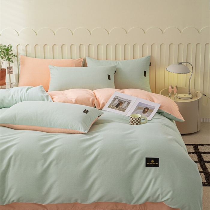 91家纺网 家纺一手货源 找家纺 涵宸家纺 棉磨毛-纯色织标-四件套（含单品） 浅绿+粉