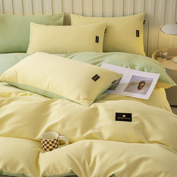 91家纺网 家纺一手货源 找家纺 涵宸家纺 棉磨毛-纯色织标-四件套（含单品） 奶黄+豆绿